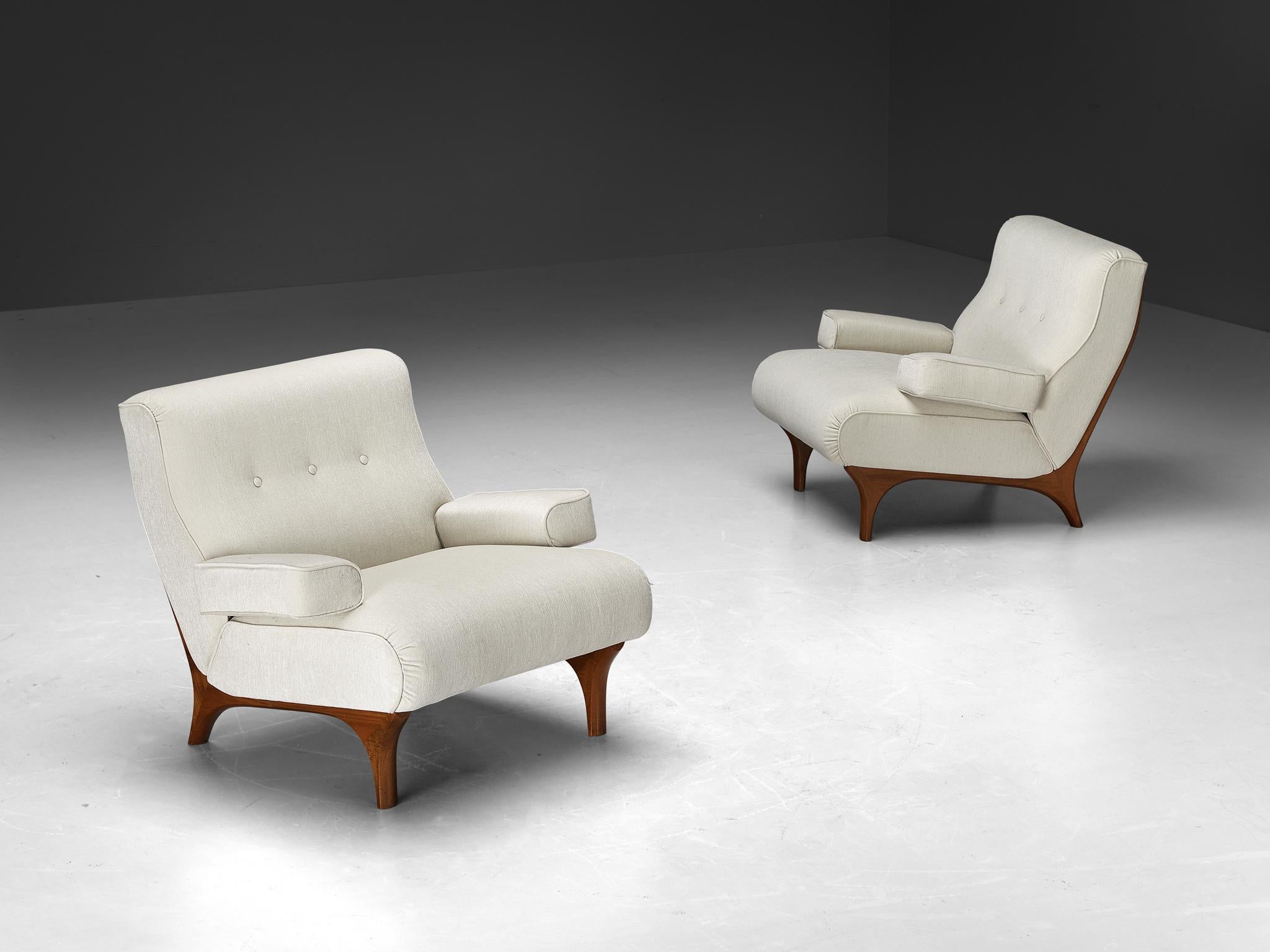 Eugenio Gerli for Tecno, pair of 'Sir' easy chairs, model 'P73', wood, reupholstered in 'Marabou' chenille by Dedar Milano, Italy, design/production 1966

Eugenio Gerli's design, model P73, exemplifies the quintessential Italian Mid-Century Modern
