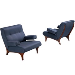 Eugenio Gerli for Tecno Pair of Lounge Chairs in Navy Blue Upholstery