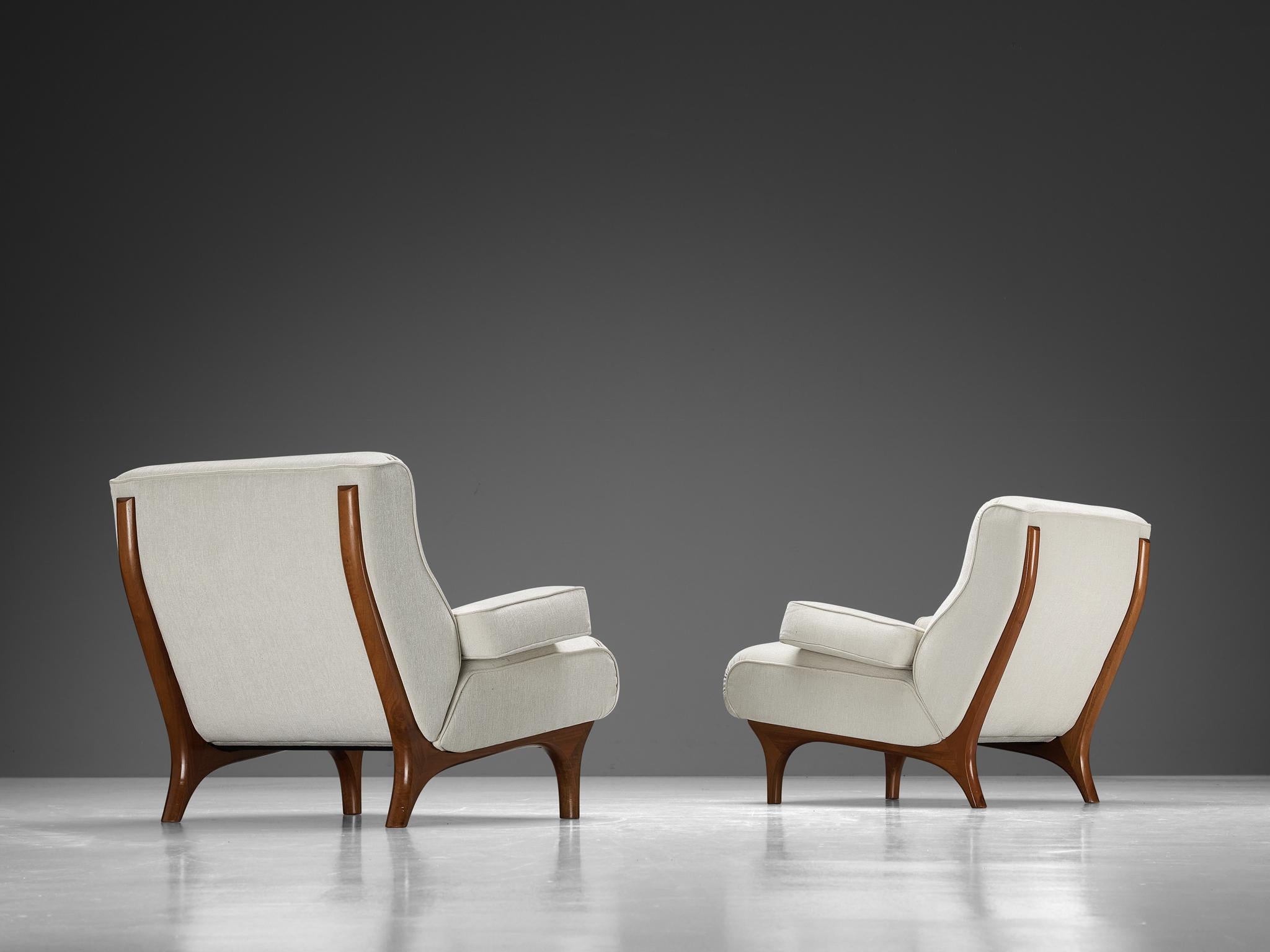 Mid-20th Century Eugenio Gerli for Tecno Pair of Lounge Chairs in Walnut and Chenille 
