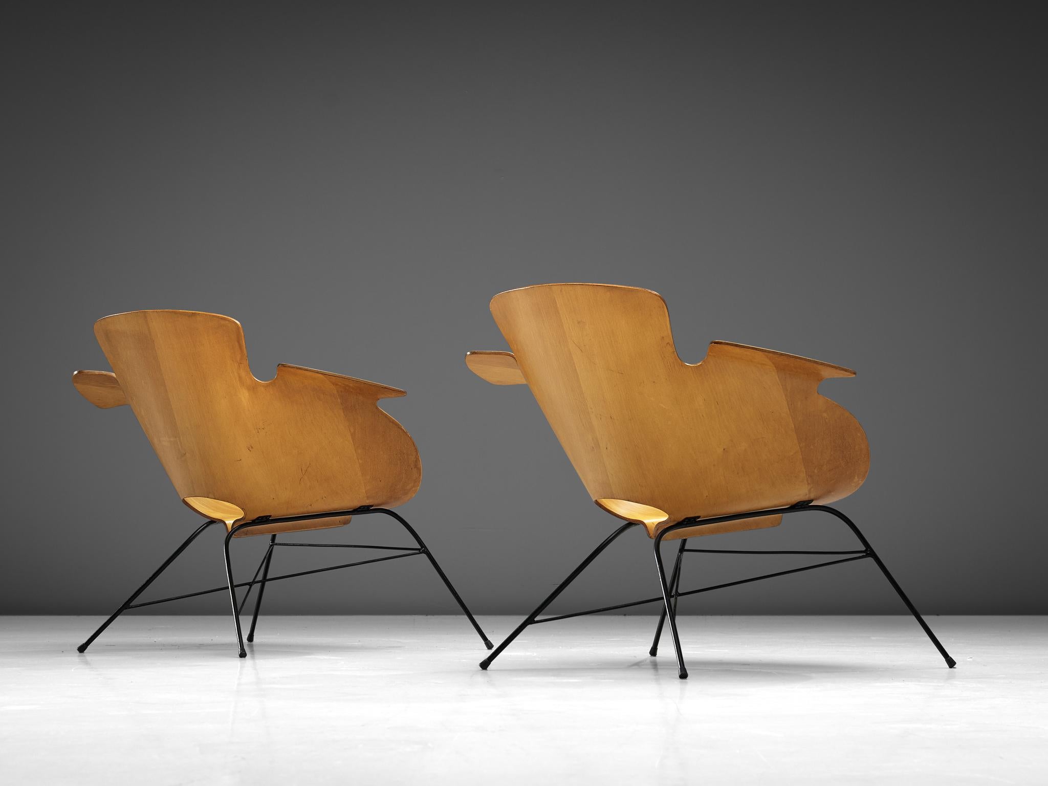 Eugenio Gerli Pair of Italian Armchairs in Plywood and Metal 1