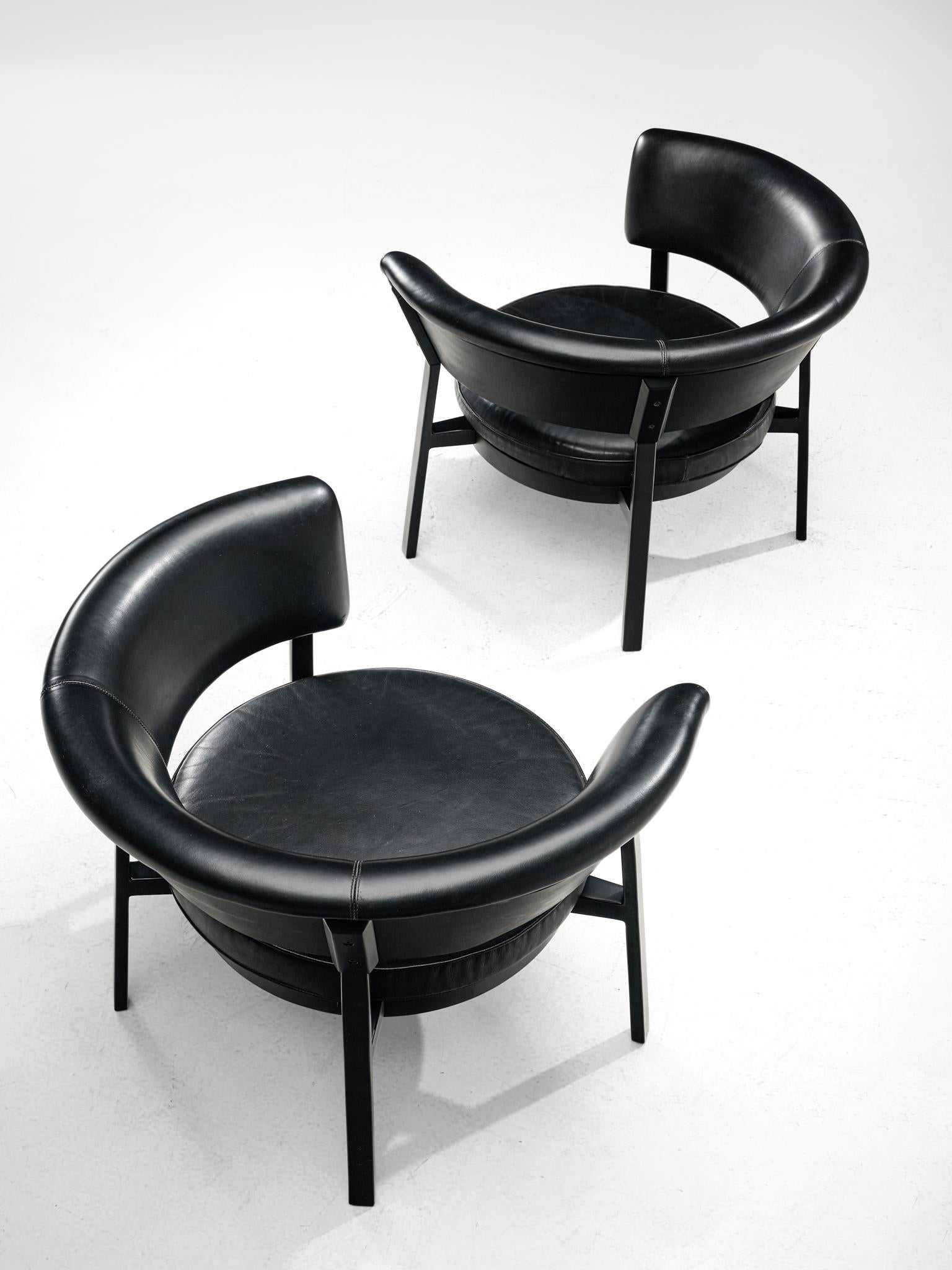 Italian Eugenio Gerli Pair of 'P28' Easy Chairs in Black Leather