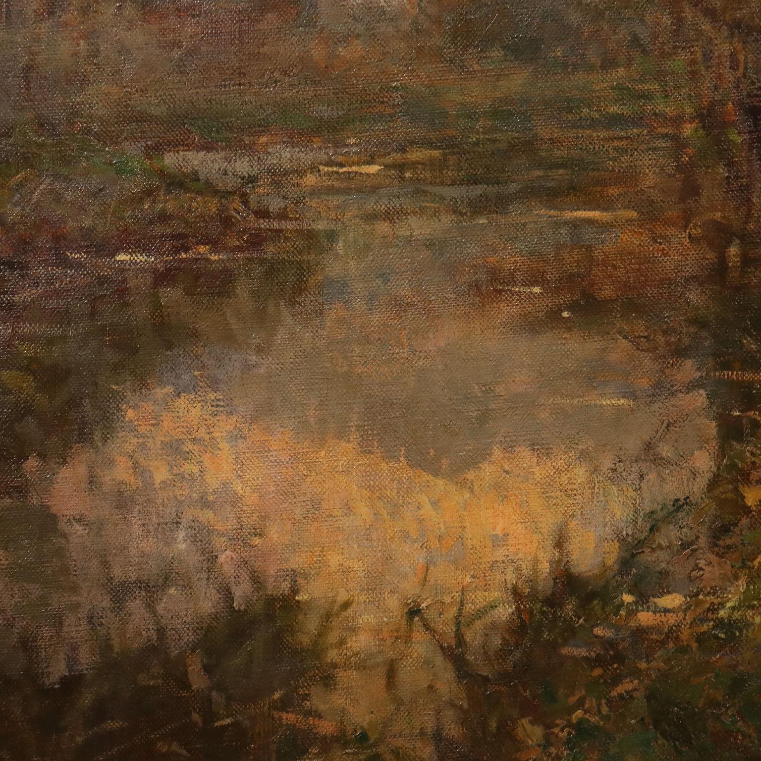 Paesaggio Boschivo con Fiume XIX secolo - Brown Landscape Painting by Eugenio Gignous