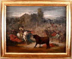 "Varilargueros acosando al toro" 19th CE Oil / Canvas by Eugenio Lucas Velázquez