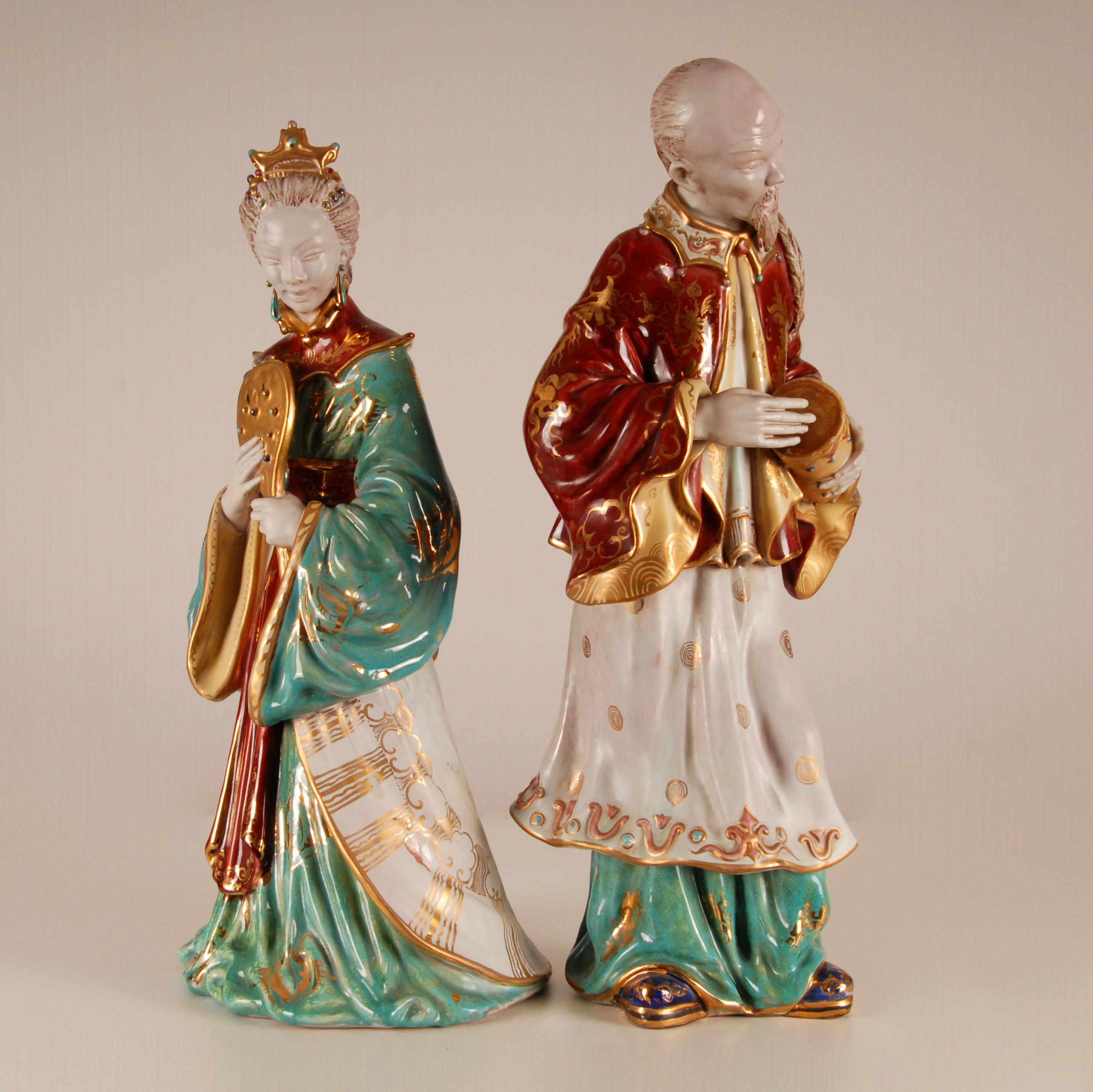 Glazed Eugenio Patterino Italian Sculptures Chinoiserie Mid Century Terracotta - a pair For Sale