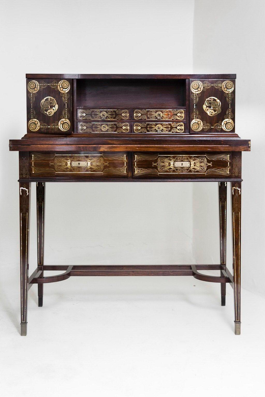 Eugenio Quarti (Desk , chair and Trash ) 
Style: Liberty or Art Nouveau or Modernism or Jugendstil
Furniture realized mainly in inlays of nacre and metallic applications, parchament
bronze ferrules.
We have specialized in the sale of Art Deco and