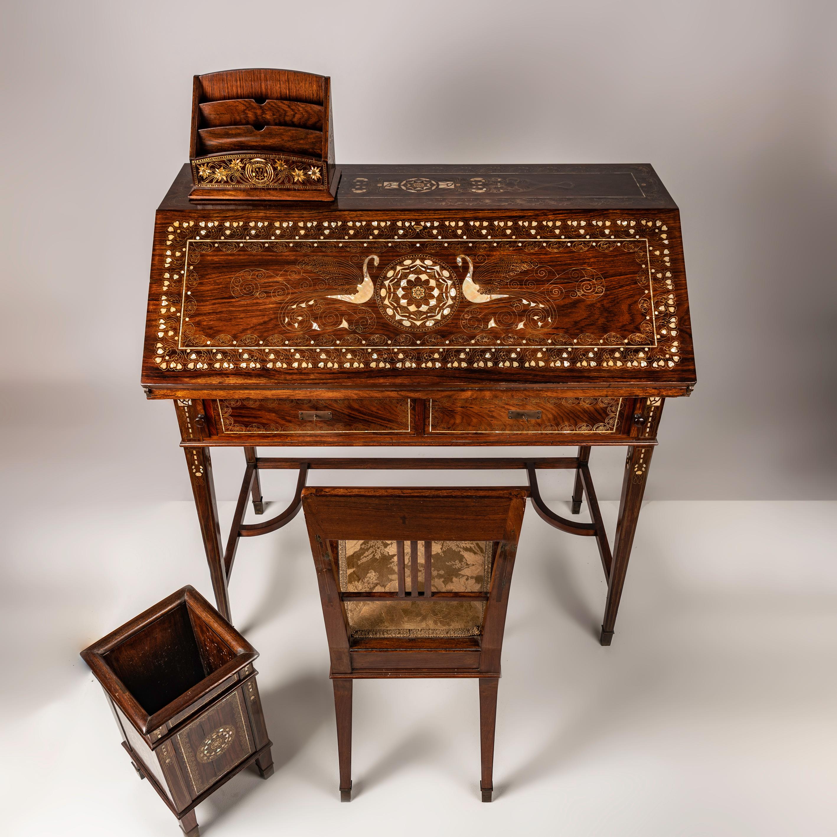 Eugenio Quarti Liberty Desk Suite w/ Chair & Paperbasket, Italy, Early 20th c. For Sale 12