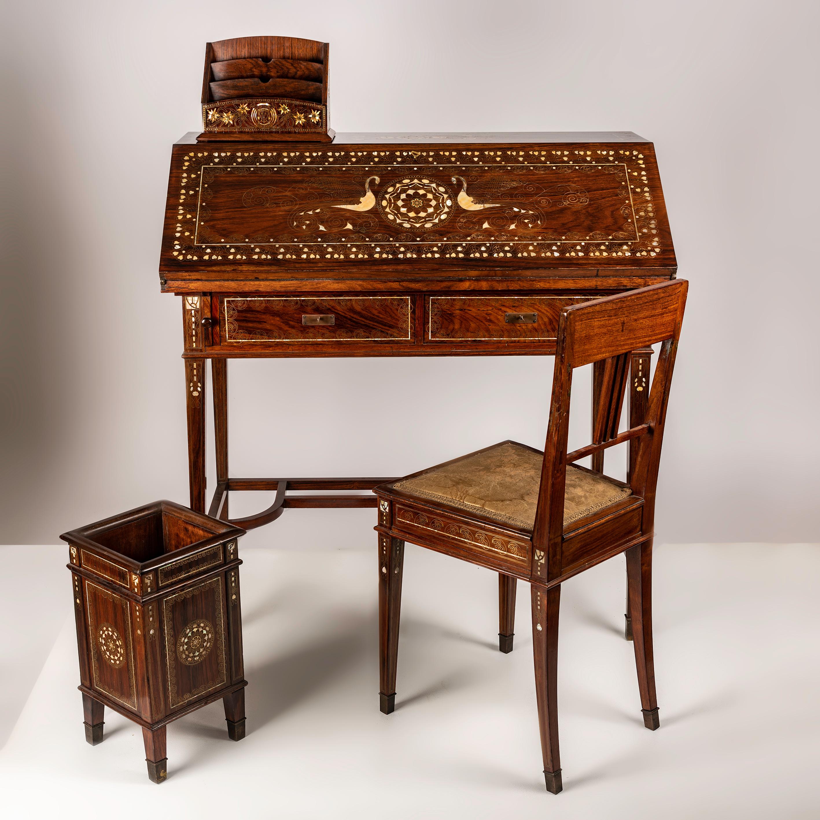 Brass Eugenio Quarti Liberty Desk Suite w/ Chair & Paperbasket, Italy, Early 20th c. For Sale