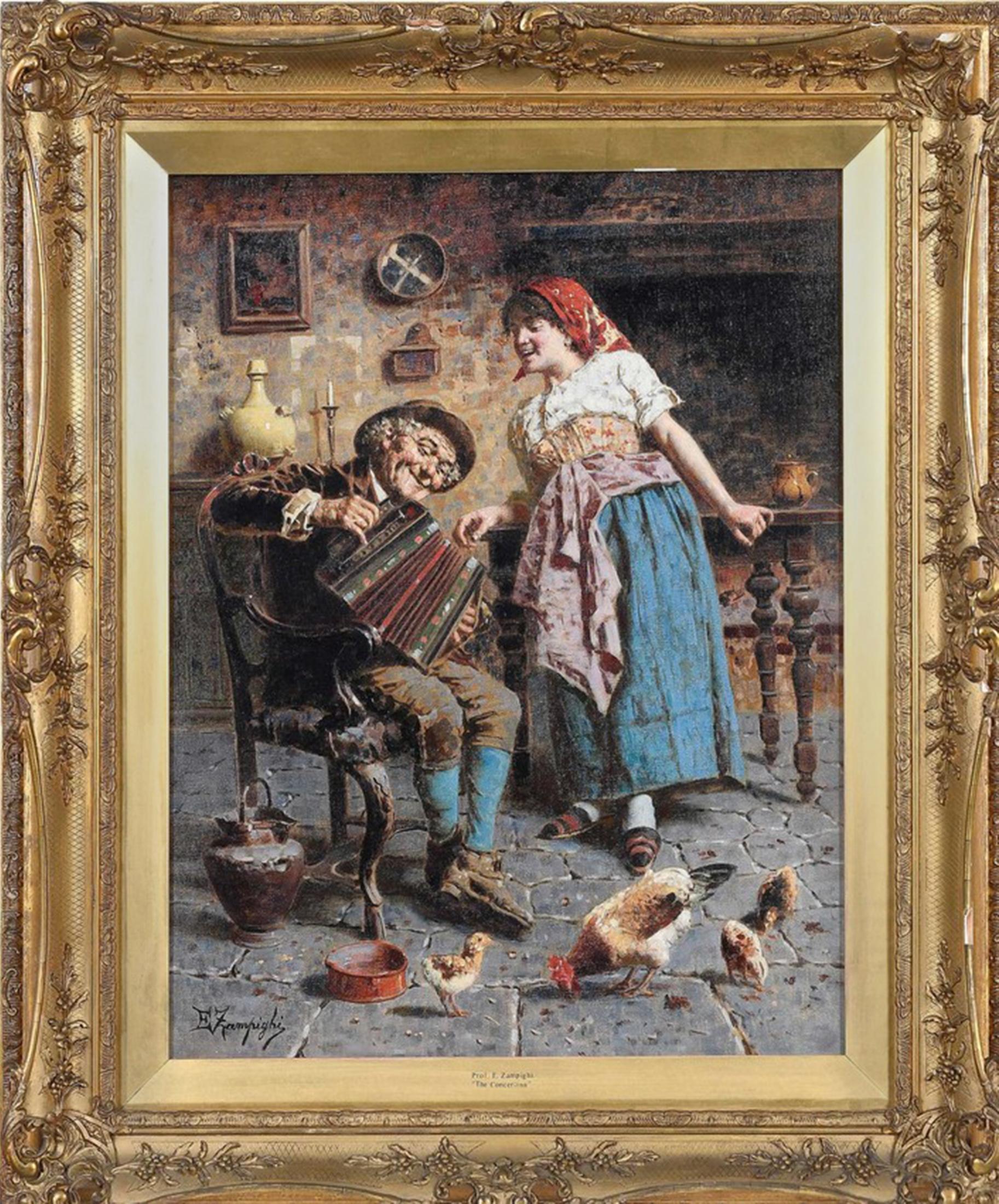 La Concertina, le petit concert, est une scène de genre attachante peinte par l'exceptionnel peintre à l'huile Eugenio Zampighi. Les scènes de genre dépeignent la vie quotidienne et les gens ordinaires. Dans cette scène, Zampighi a choisi de se