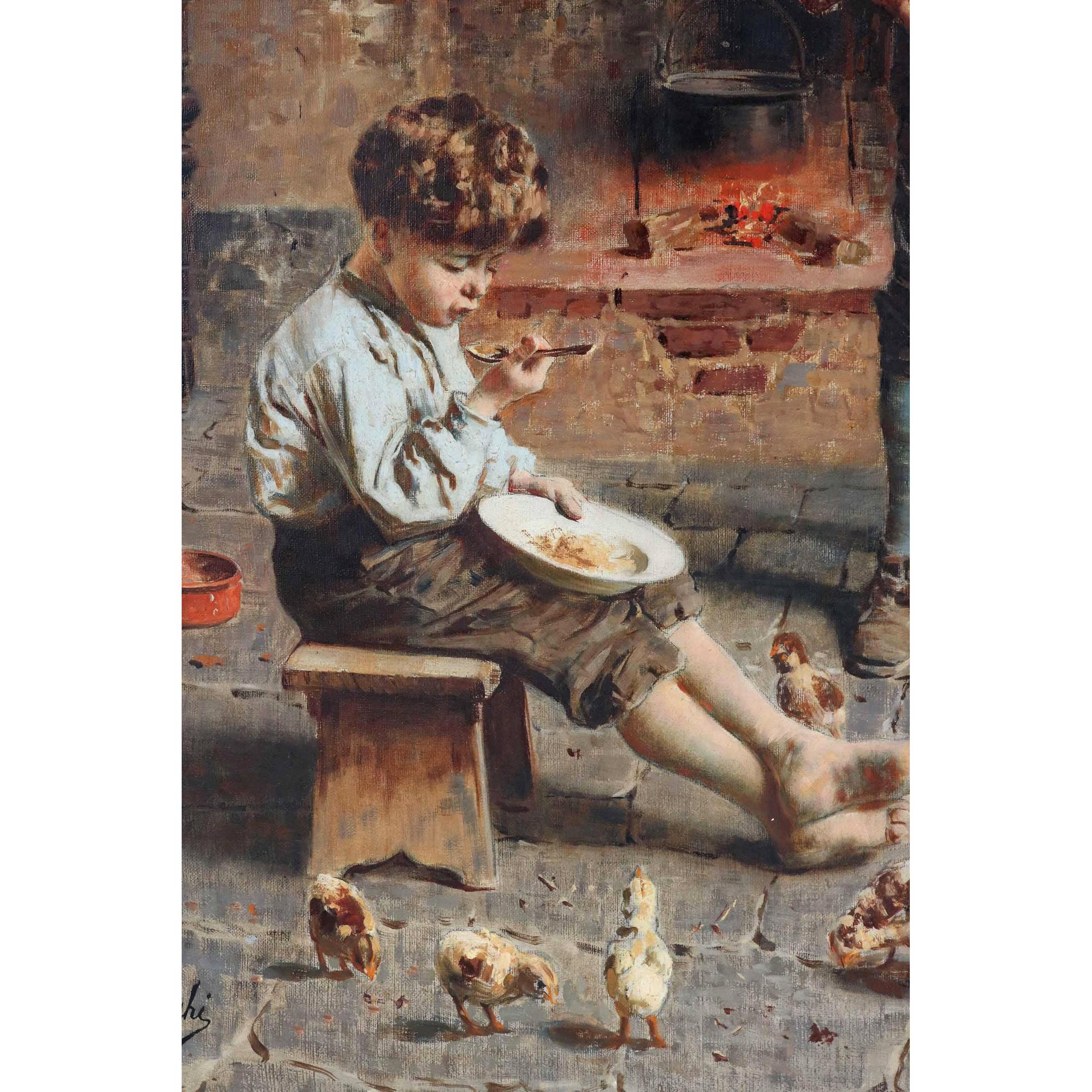 EUGENIO ZAMPIGHI
Italian, 1859-1944

The New Baby 

Signed ‘E Zampighi’  

Oil on canvas
28 1/2 in. x 40 1/2 inches

Born in Modena, Italy, Eugenio Zampighi entered the local Academy of Design at 13. He eventually became one of the most decorated
