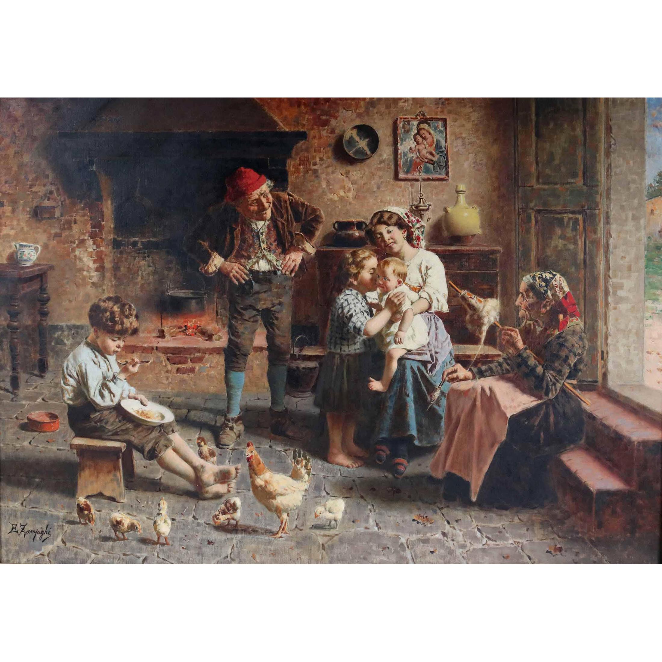 EUGENIO ZAMPIGHI
Italien, 1859-1944

Le nouveau bébé 

Signé "E Zampighi"  

Huile sur toile
28 1/2 in. x 40 1/2 inches

Né à Modène, en Italie, Eugenio Zampighi est entré à 13 ans à l'Académie locale de design. Il est finalement devenu l'un des