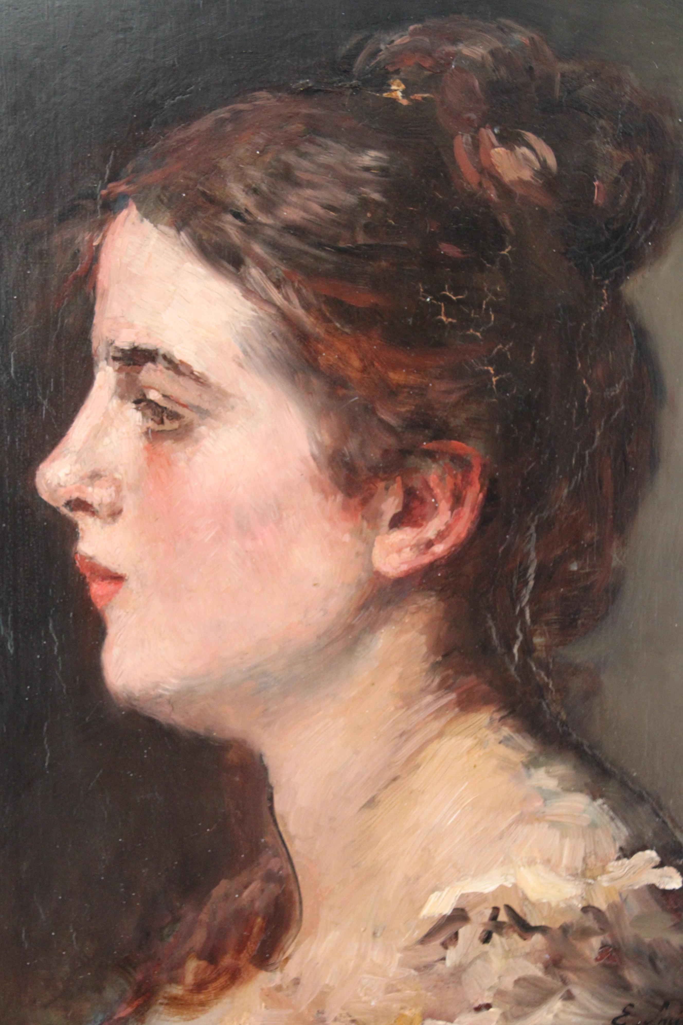 Antique Portrait of a woman, original antique oil painting by Eugene Smits - Painting by Eugine Smit