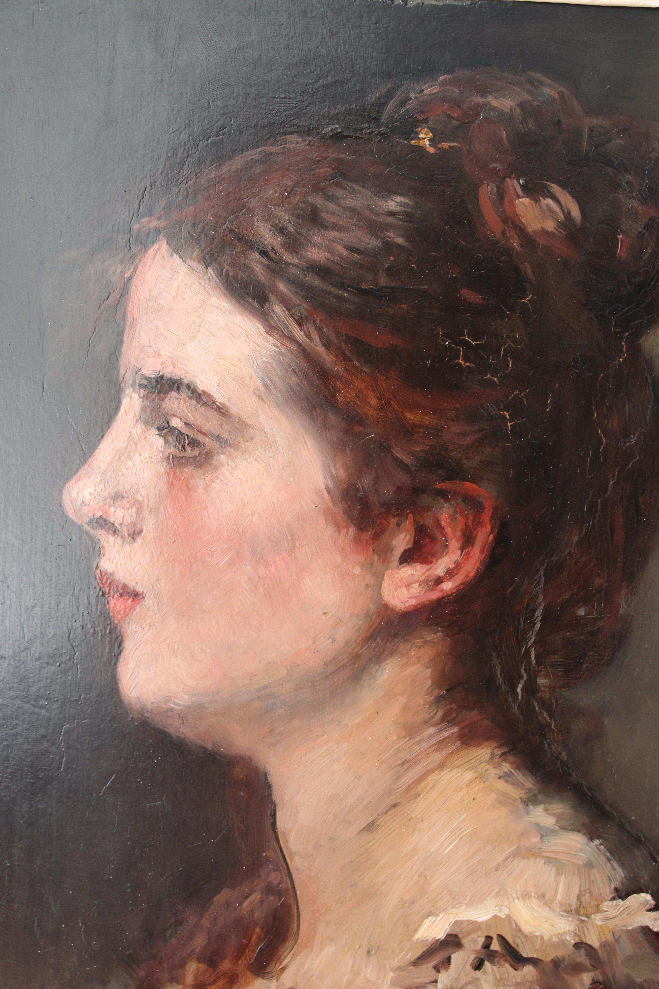 Antique Portrait of a woman, original antique oil painting by Eugene Smits - Beige Portrait Painting by Eugine Smit