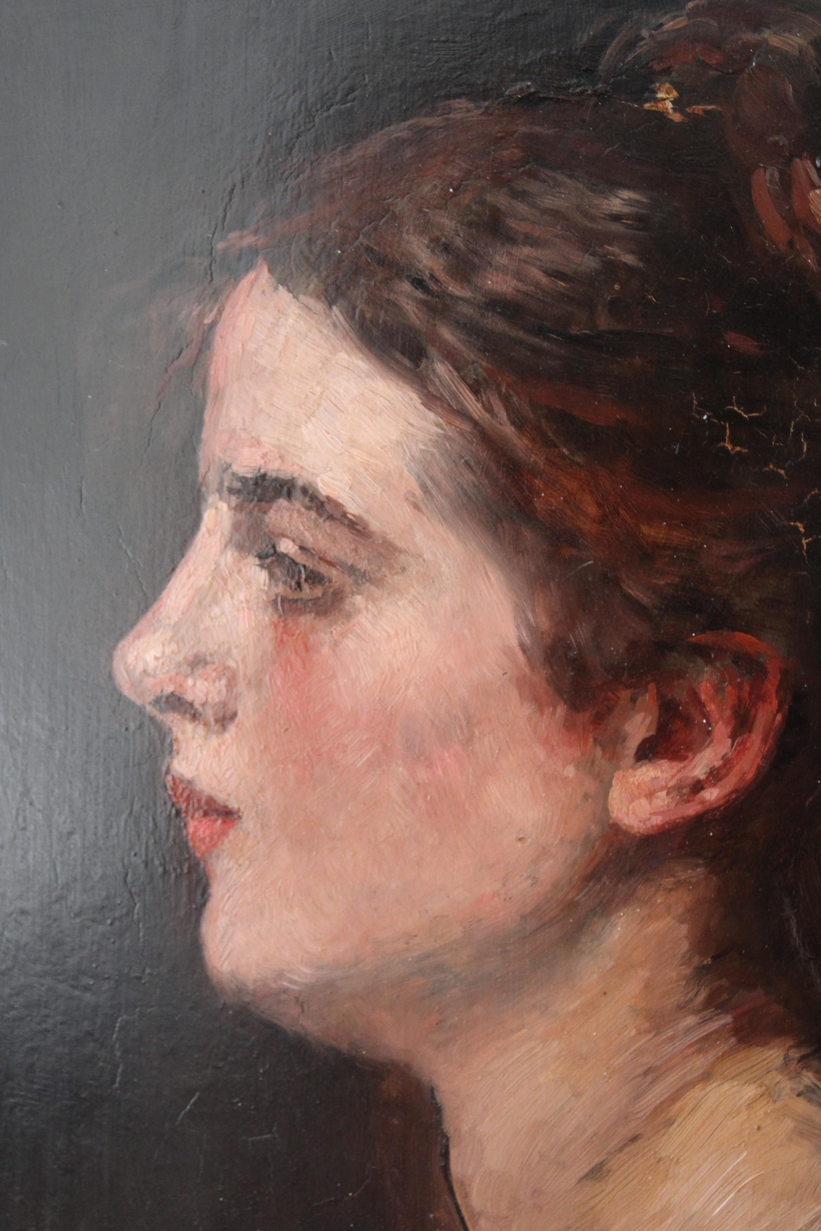 Antique oil on wood portrait of a woman by Belgium artist, Eugine Smits 1800s.  This delightful painting in its rich and powerful tones and scultured impressionist paint layers is very attractive.  Here, the artist has chosen to paint his subject