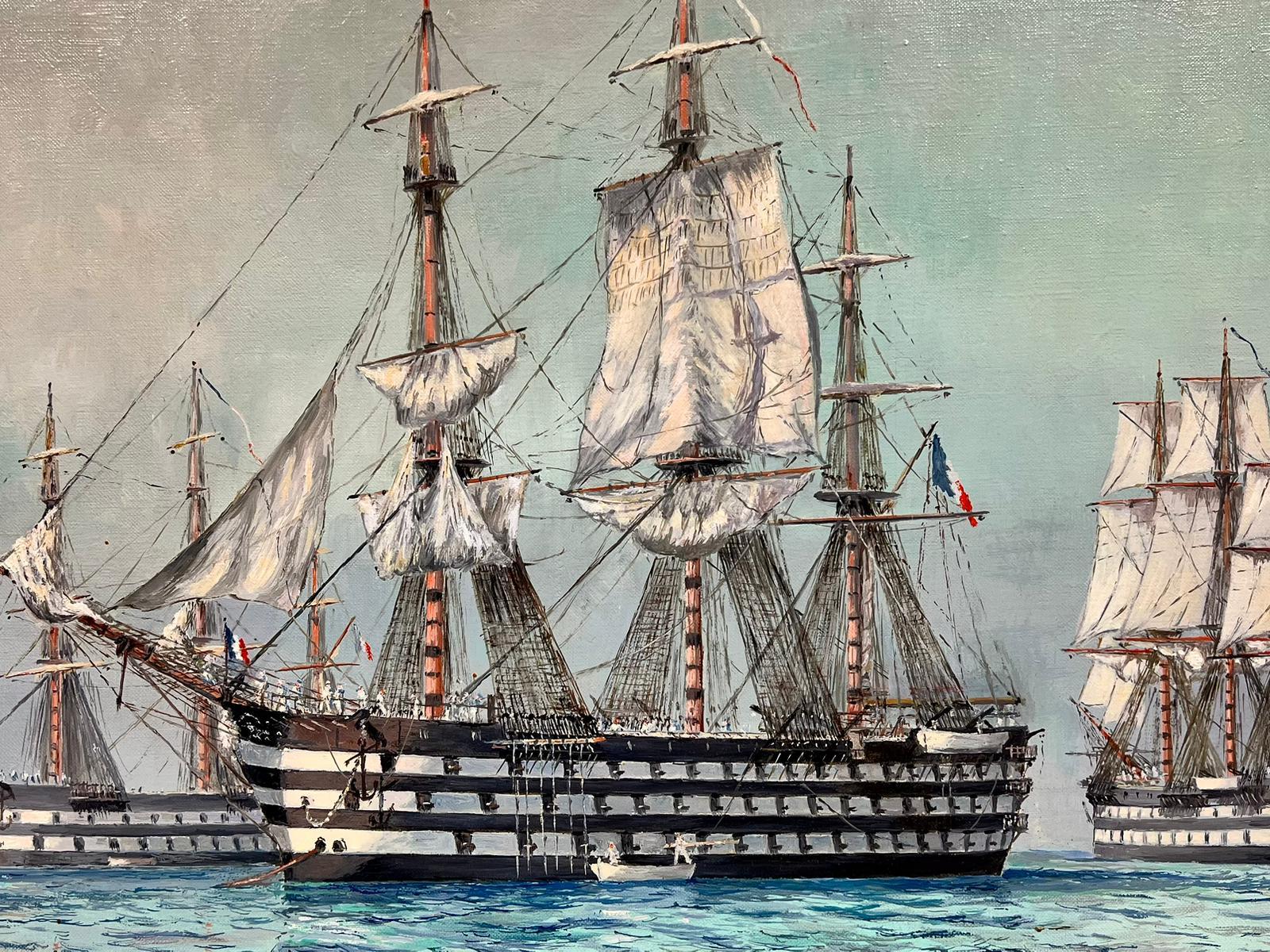 Fine Napoleonic Wars Period French Tall Ships at Sea, Signed Oil on canvas - Painting by Eug.Mauvie