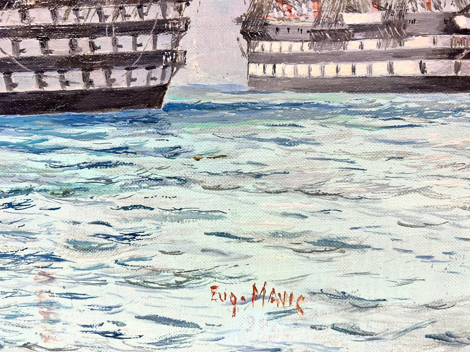 Bellas Guerras Napoleónicas Período Francés Grandes Barcos en el Mar, Firmado Óleo sobre lienzo - Landscape Painting Gris de Eug.Mauvie