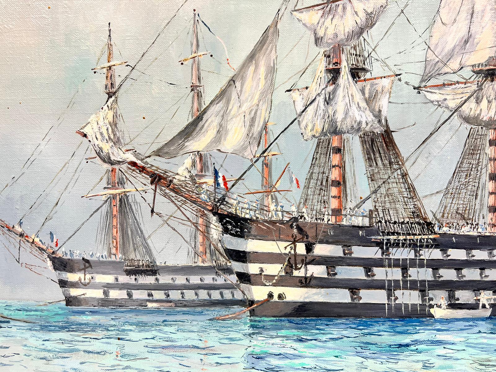 Bellas Guerras Napoleónicas Período Francés Grandes Barcos en el Mar, Firmado Óleo sobre lienzo en venta 1