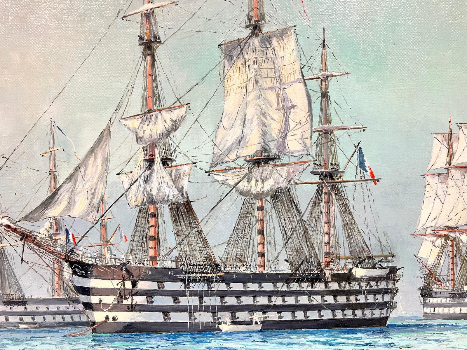 Bellas Guerras Napoleónicas Período Francés Grandes Barcos en el Mar, Firmado Óleo sobre lienzo en venta 2