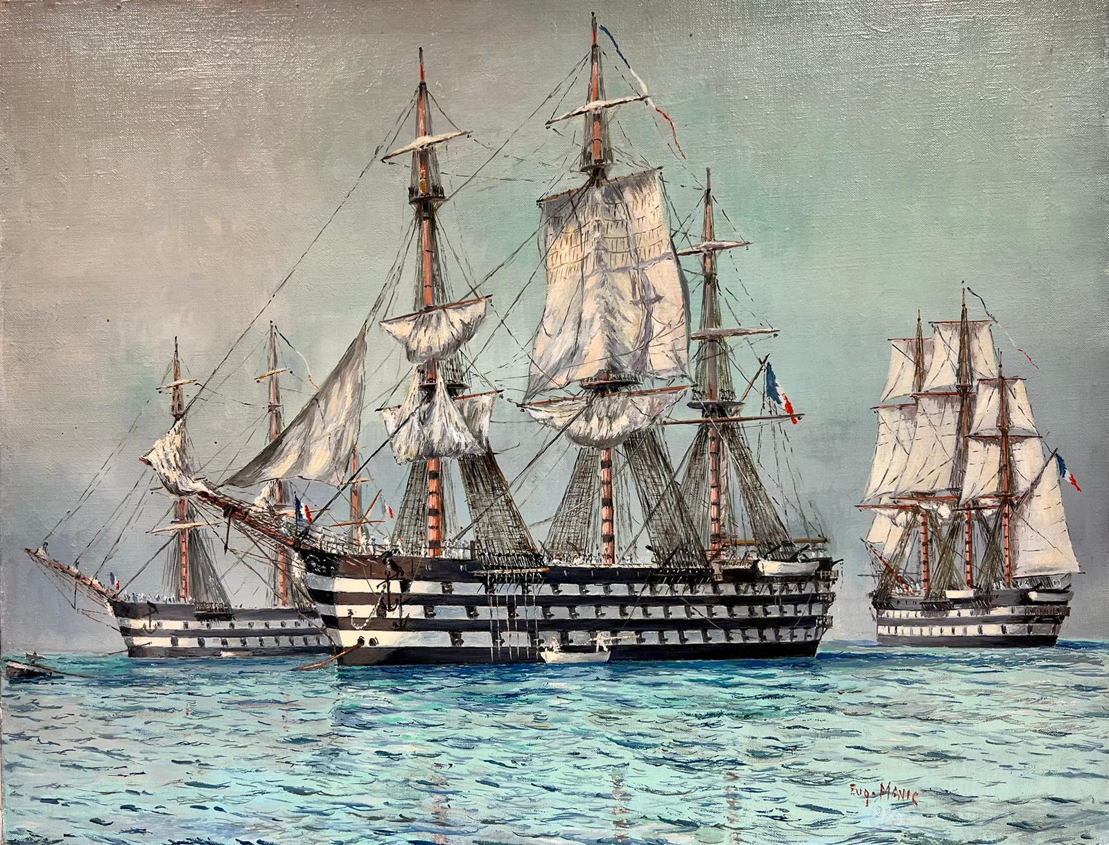 Beaux grands voiliers français de l'époque des guerres napoléoniennes en mer, huile sur toile signée.