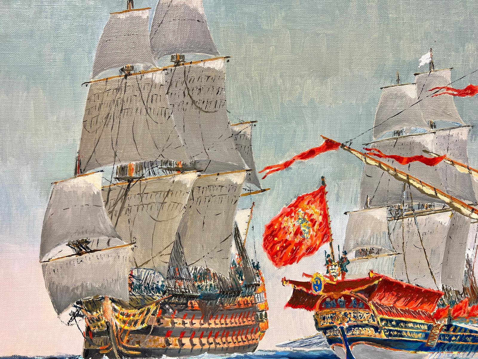 Artist/ School: Signed by Eug. Mavie. French 20th century

Title: Classical Warships at Sea. 

Medium: oil on canvas, unframed

Painting: 18 x 25.5 inches

Colours: Blue, red, orange, white and grey

Provenance: private collection,