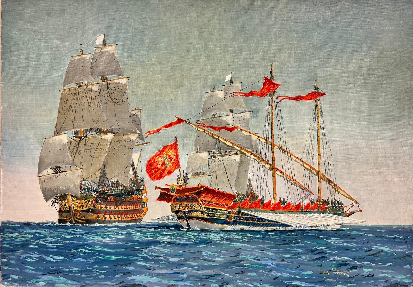 Landscape Painting di Eug.Mauvie - Pittura ad olio navale marittima Navi storiche in mare, lavoro finemente dettagliato
