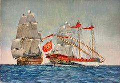 Vintage Naval Maritime Oil Painting Historical Ships at Sea, Finely Detailed Work