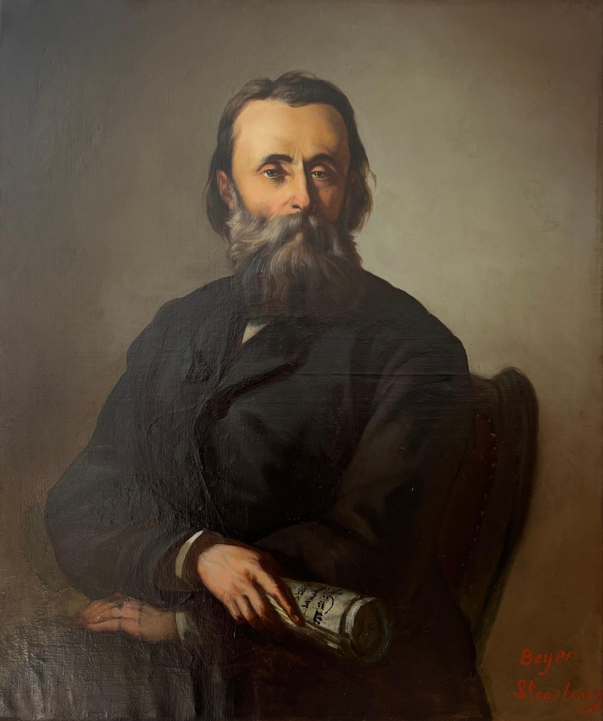 Eugène Beyer Figurative Painting - Portrait of man seated at Torah
