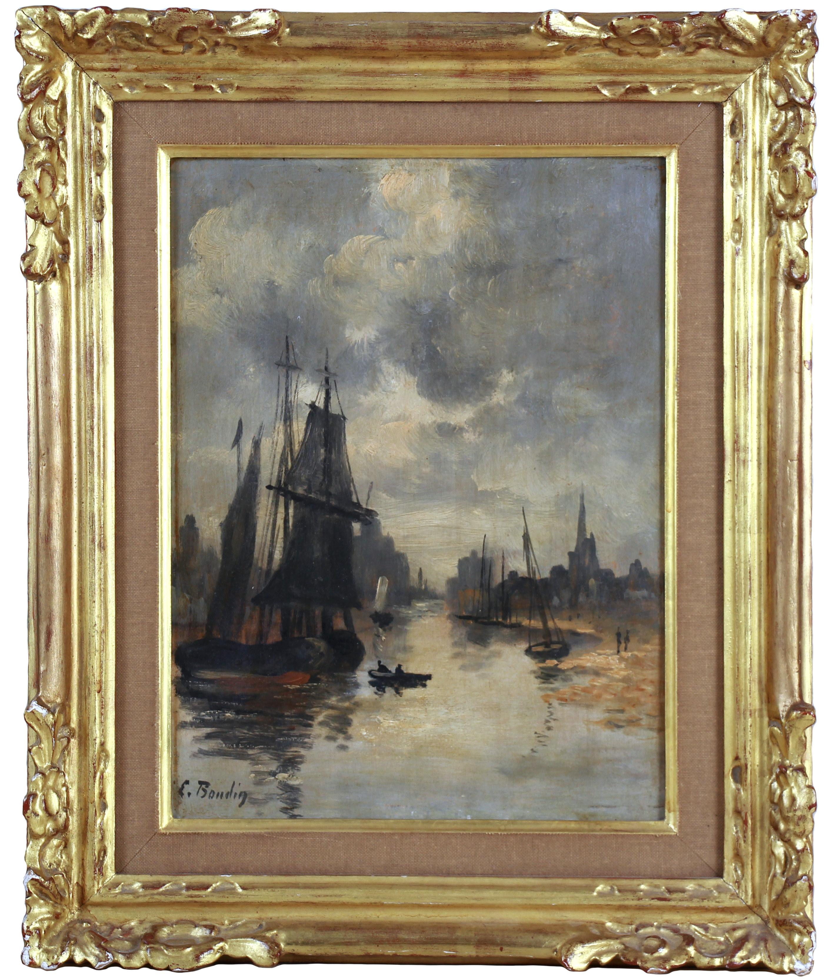 Eugène BOUDIN Still-Life Painting - Oil on panel Eugène Boudin "Trouville harbour scene at low tide "