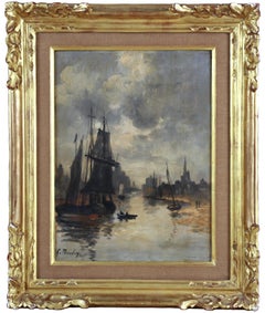 Oil on panel Eugène Boudin "Trouville harbour scene at low tide "