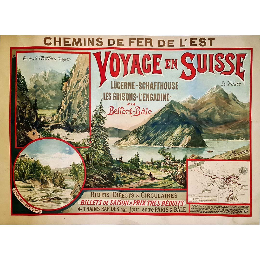 Original old poster of the Chemins de fer de l'Est promoting travel in Switzerland, illustrated by E. Bourgeois. Eugène Victor Bourgeois (1855 - 1909) was a French painter, illustrator and poster artist.

Self-taught painter, Eugene Victor Bourgeois
