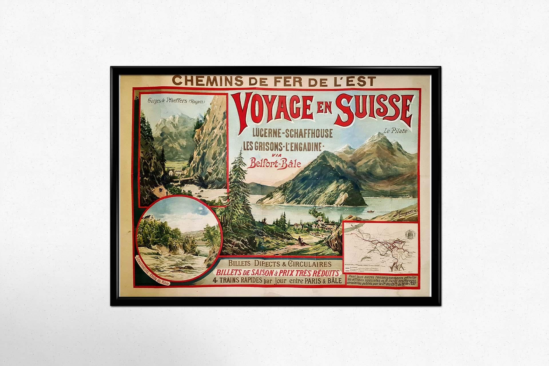 Original poster of the Chemins de fer de l'Est promoting travel in Switzerland For Sale 2