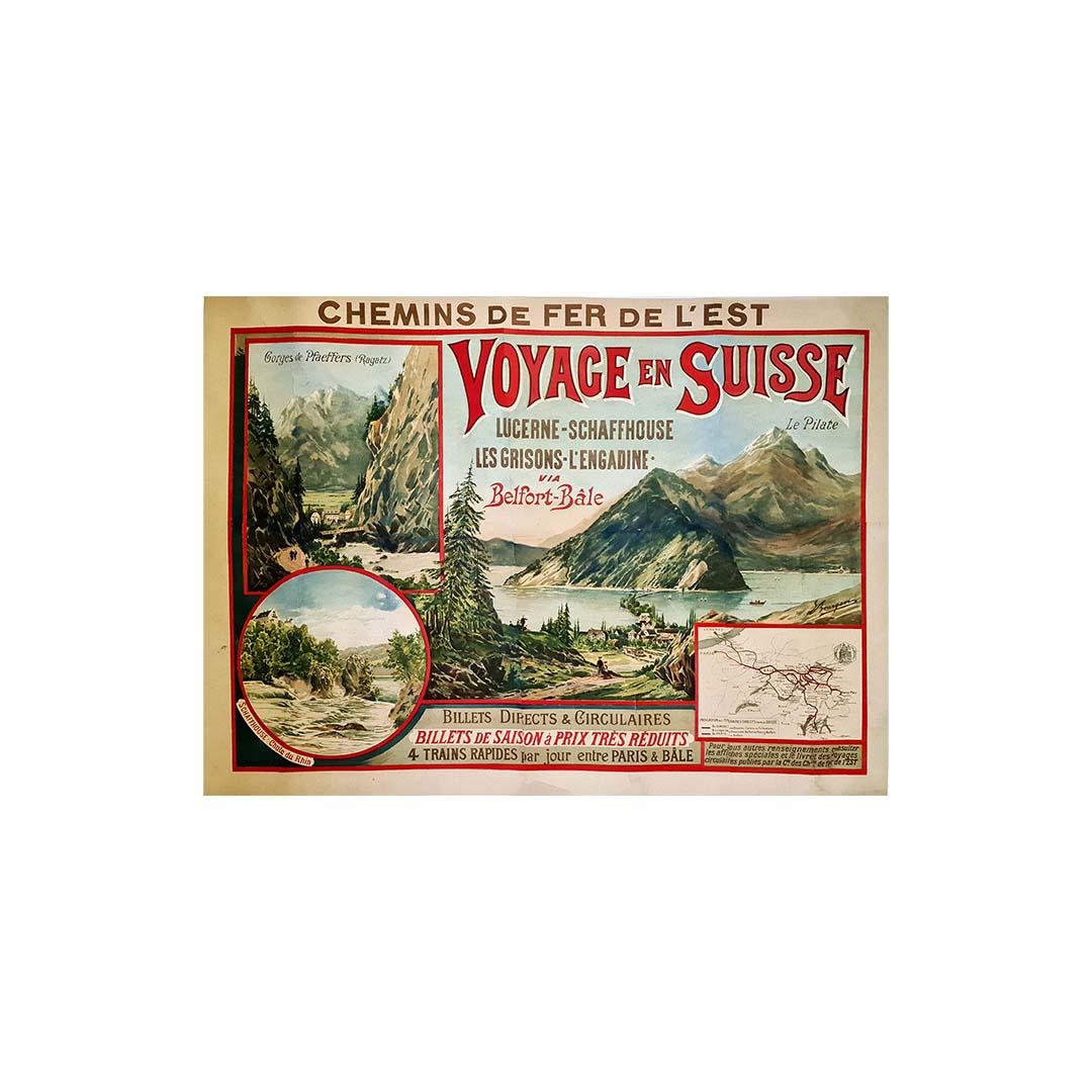 Original poster of the Chemins de fer de l'Est promoting travel in Switzerland - Print by Eugène Bourgeois