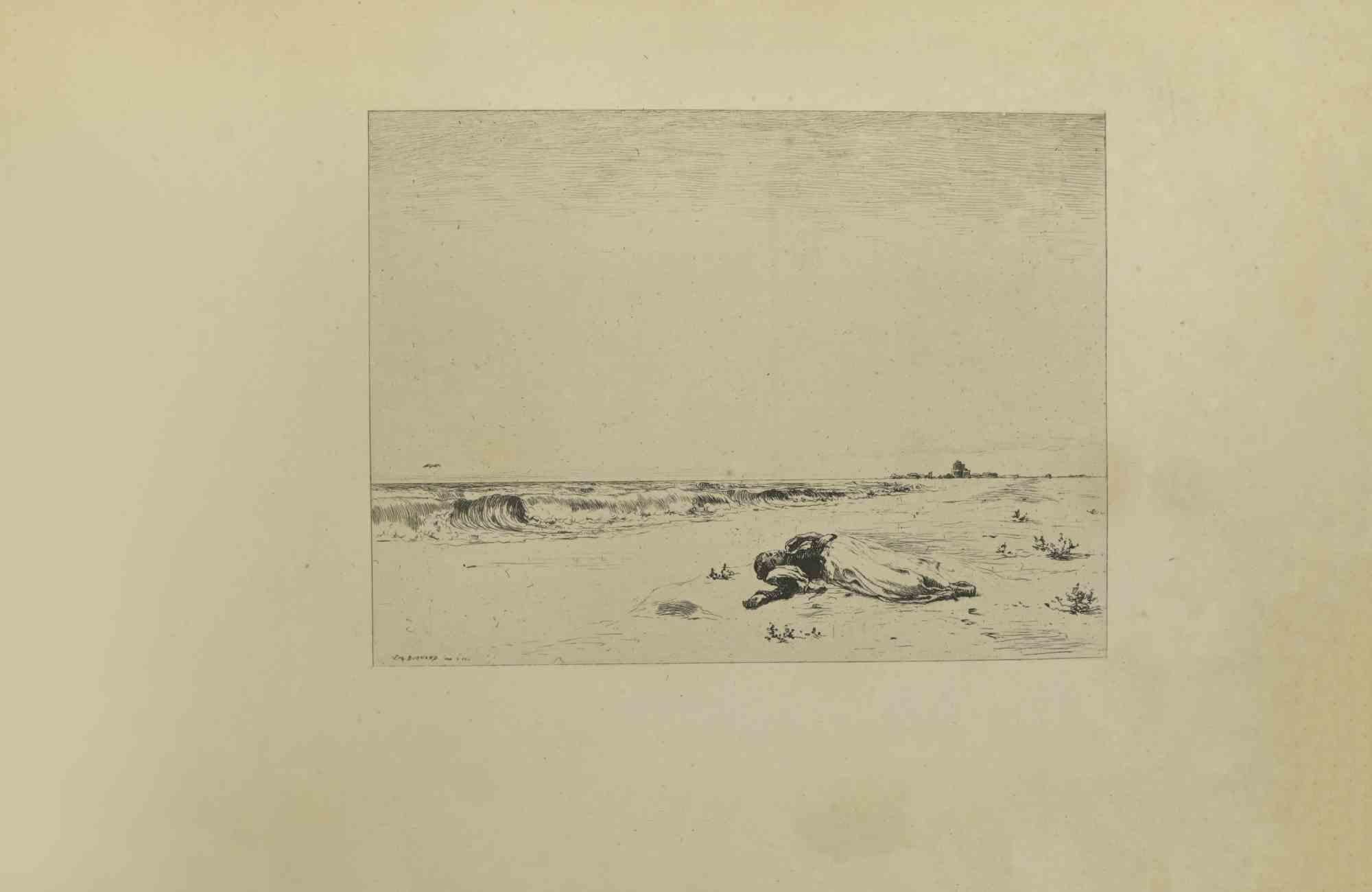 Der Tod neben dem Meer ist eine Radierung von Eugène Burnand  (1850-1921) im späten 19. Jahrhundert.

Signiert auf der Platte.

Guter Zustand mit Stockflecken.
 
Das Kunstwerk wird durch kurze und geschickte Striche realisiert, eine bewundernswerte