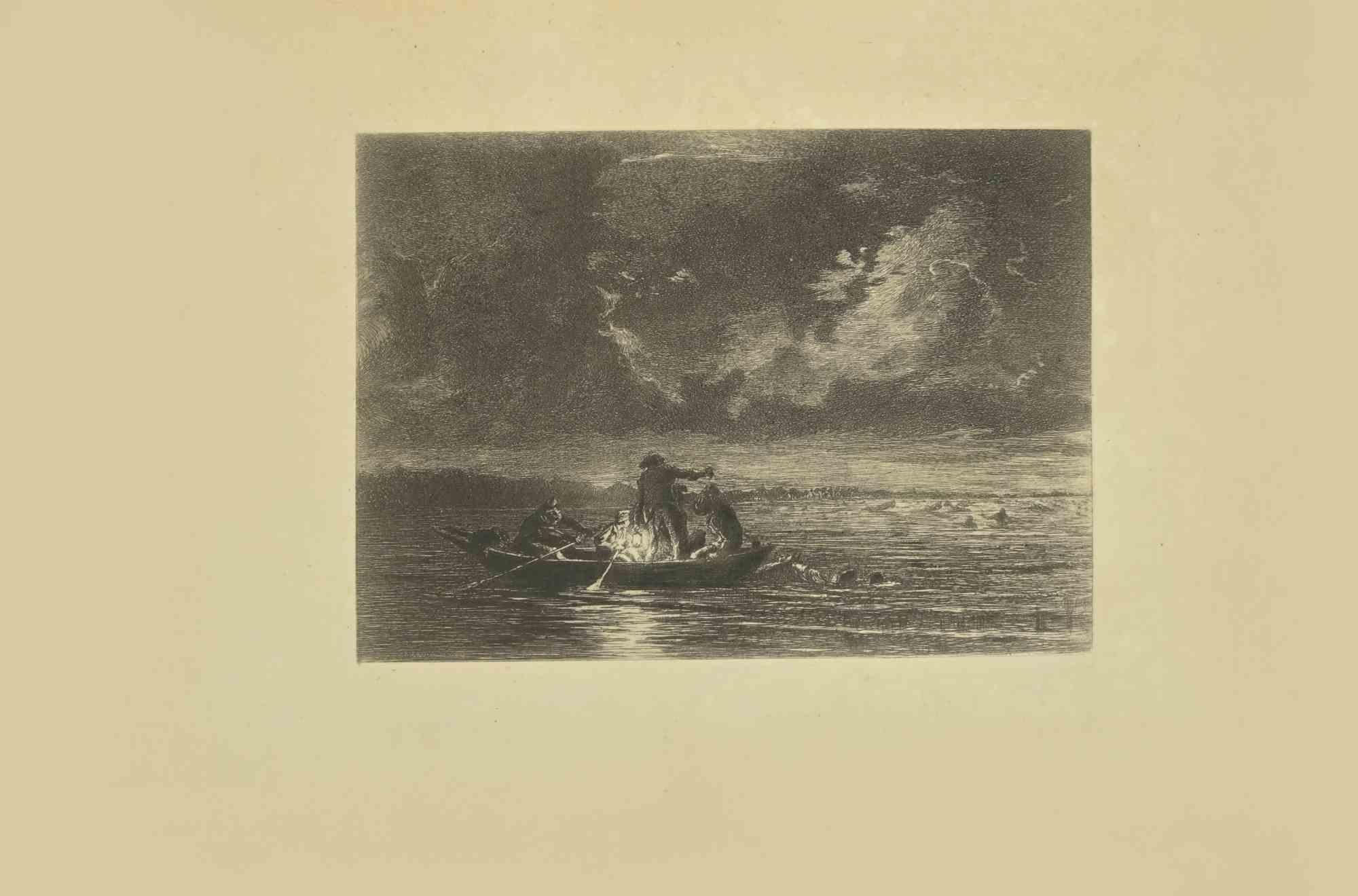Fishermen is an original etching realized by Eugène Burnand  (1850-1921) in the Late 19th century.

Good conditions with foxing.

The artwork is realized through short and deft strokes, an admirable scene created by realistic mastery through