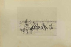 Troupeau de chevaux - Gravure d'Eugène Burnand - Fin du 19e siècle