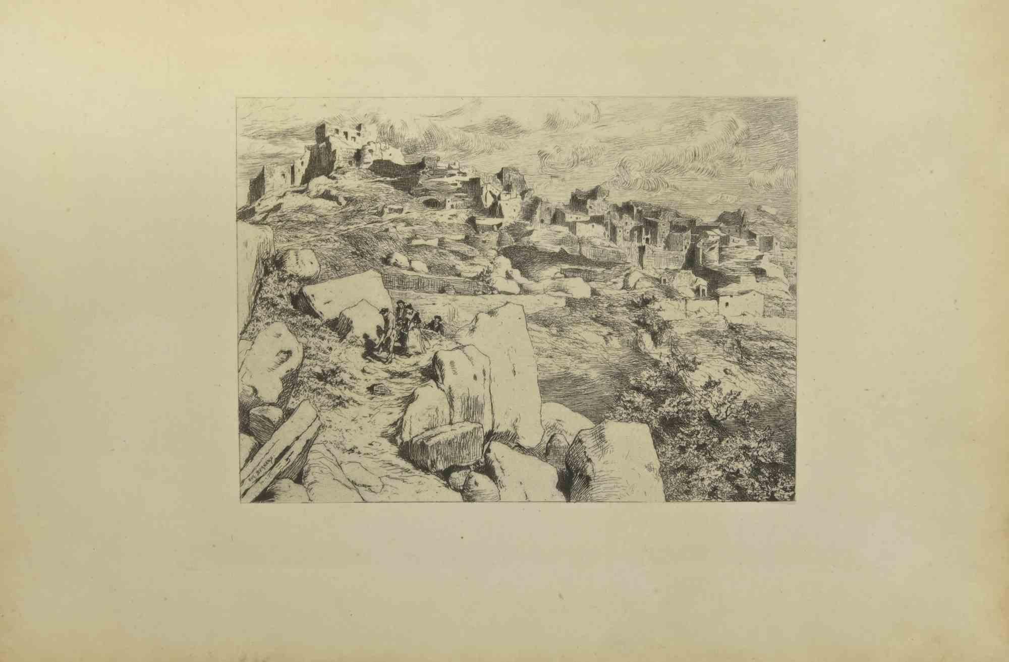 Hillside is an original etching realized by  Eugène Burnand  (1850-1921) in the Late 19th century.

Signed on the plate.

Good conditions with foxing.

The artwork is realized through short and deft strokes, an admirable scene created by realistic