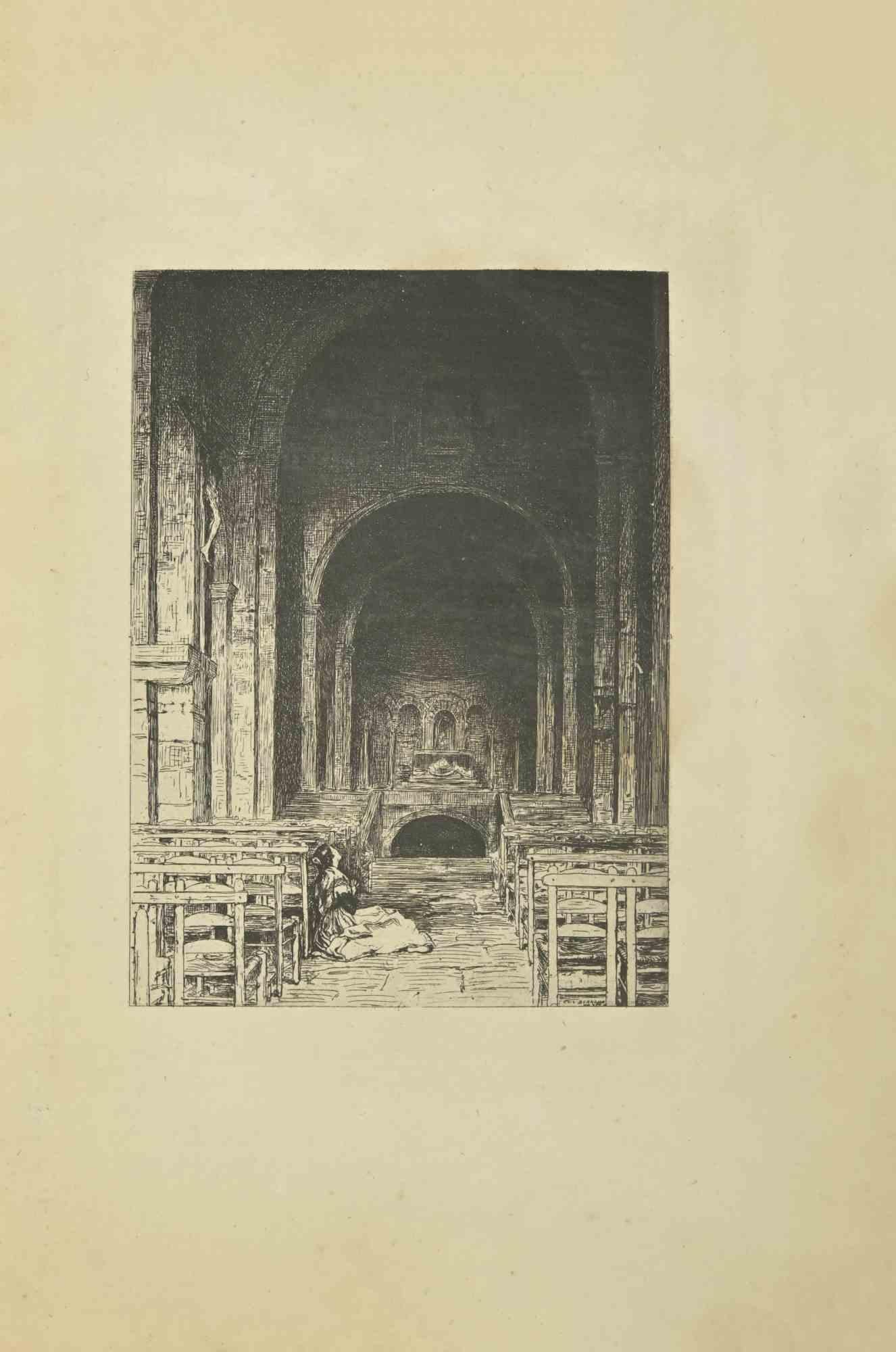 In the Church - Etching by Eugène Burnand - Late 19th century