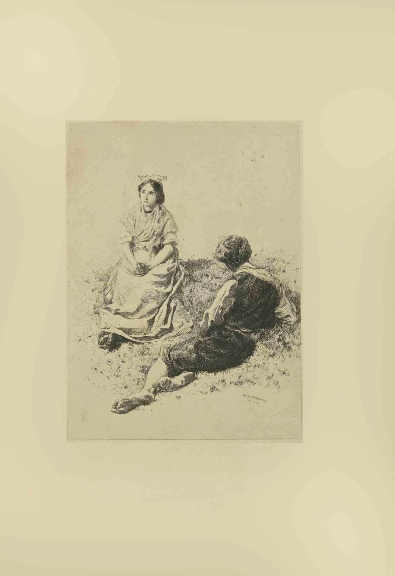 Lovers in Meadow is an etching realized by Eugène Burnand (1850-1921) in the Late 19th century.

Signed on the plate.

Good conditions with foxing.
 
The artwork is realized through short and deft strokes, an admirable scene created by realistic