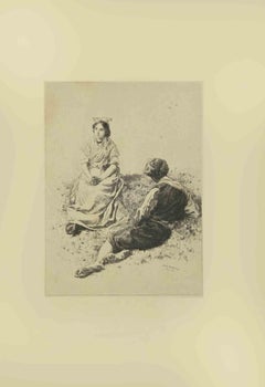 Lovers in Meadow - Etching by Eugène Burnand - Late 19th century