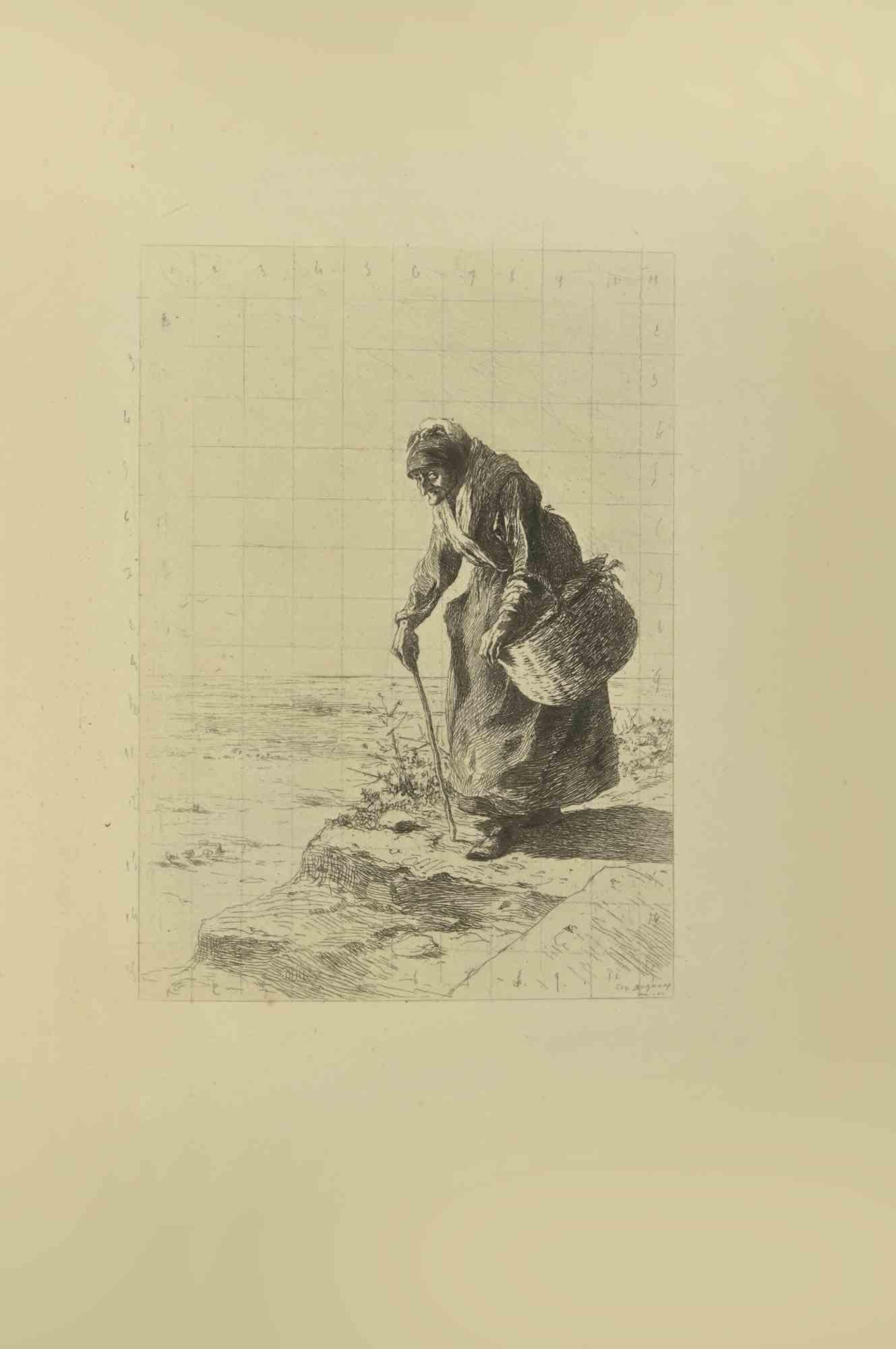 Alte Frau mit Stock - Radierung von Eugène Burnand - Ende 19. Jahrhundert