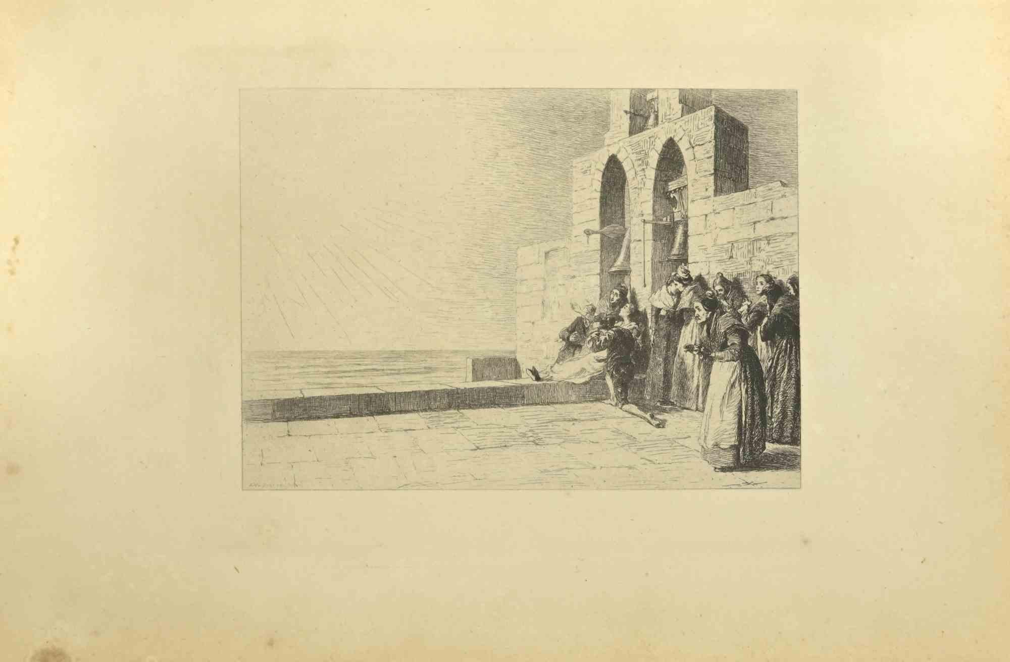 La Mort de Mireille est une eau-forte réalisée par Eugène Burnand (1850-1921) à la fin du XIXe siècle.

Signé sur la plaque.

Bon état avec des rousseurs.
 
L'œuvre est réalisée par des traits courts et habiles, une scène admirable créée par une