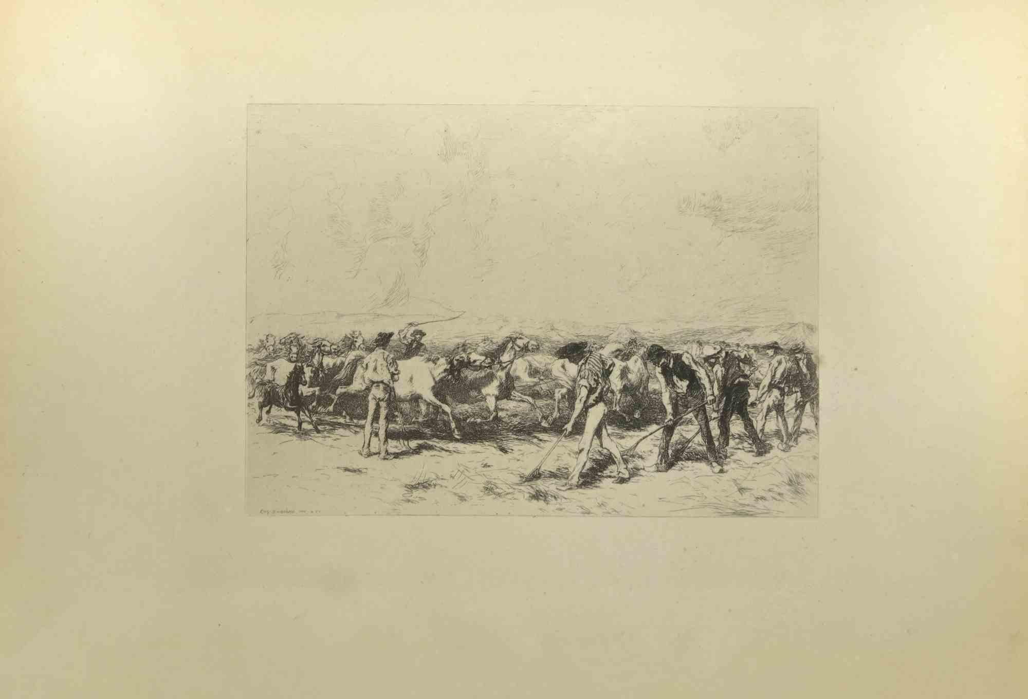 The Framers is an original etching realized by Eugène Burnand (1850-1921) in the Late 19th century.

Signed on the plate.

Good conditions with foxing.
 
The artwork is realized through short and deft strokes, an admirable scene created by realistic