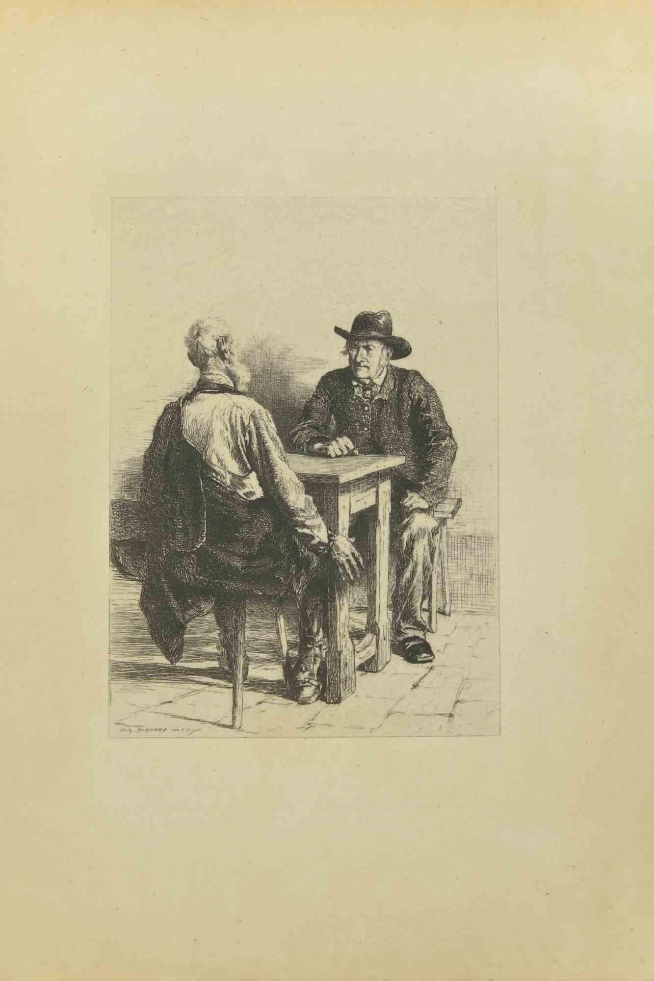 The Meeting is an etching realized by Eugène Burnard (1850-1921) in the Late 19th century.

Signed on the plate.

Good conditions with foxing.

The artwork is realized through short and deft strokes, an admirable scene created by realistic mastery