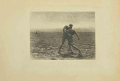 Lucha libre - Aguafuerte de Eugène Burnand - Finales del siglo XIX
