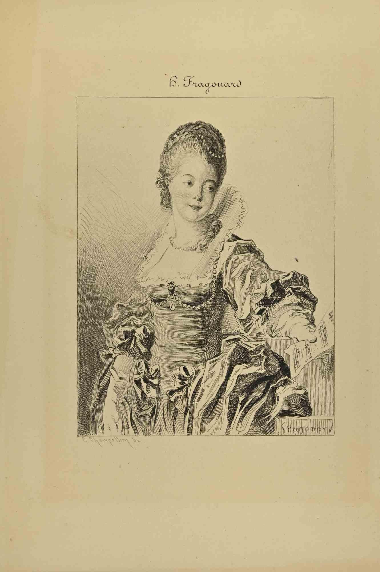 Fragonard is a print realized by Eugène Chambellier (1848-1901) in the 19th century.

Etching on paper

Good condition with slight foxing.
