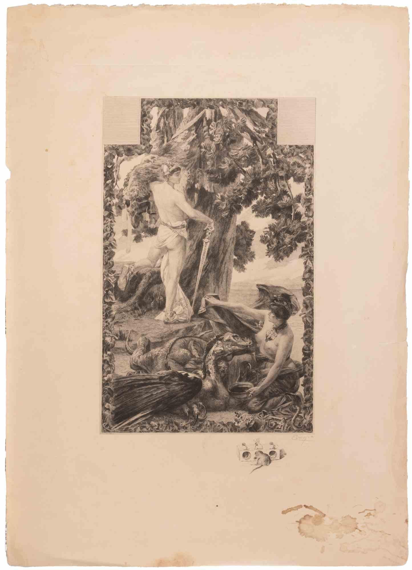 Eugène Decisy Figurative Print - Untitled (Mythological Scene) - Etching by Eugene Decisy - 1899
