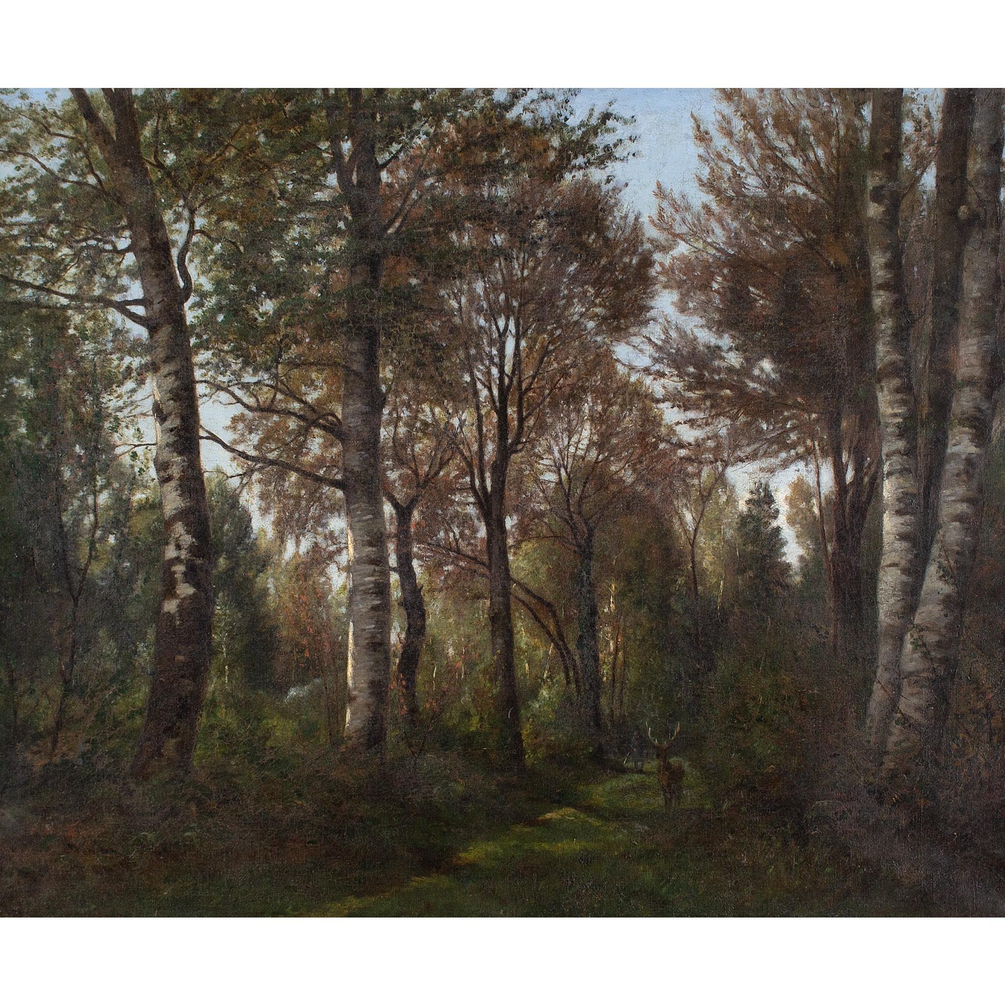 This 19th-century oil painting by French artist Eugène Devé (1826-1887) depicts a deer in a forest. It’s a picturesque scene and possibly deep within the forest of Fontainebleau.

Impressive birch trees line both sides of a track and tower over us