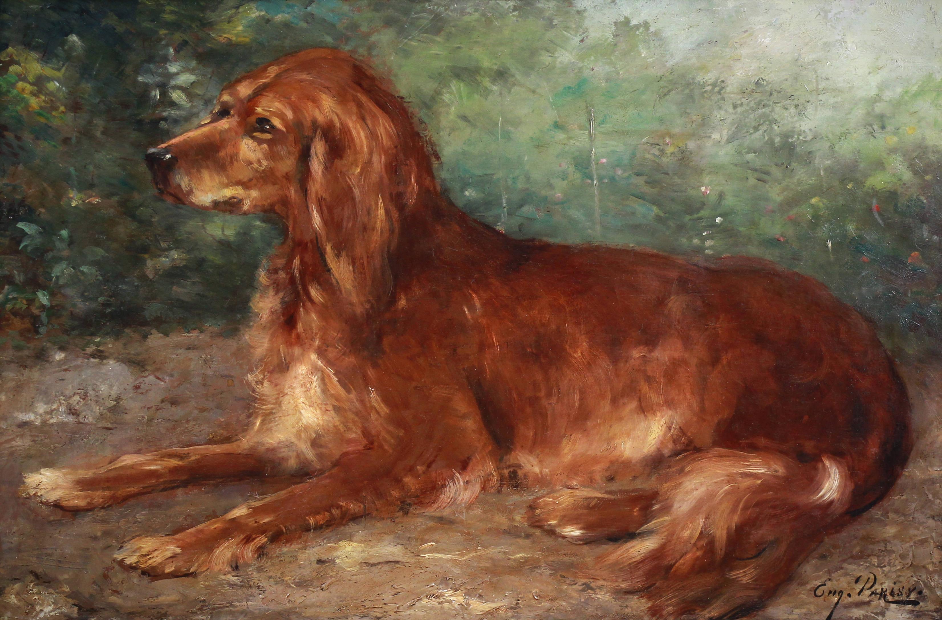 Ritratto di cane Setter irlandese, pittura a olio su tavola francese del 19° secolo - Painting di Eugène Ferdinand PARISY