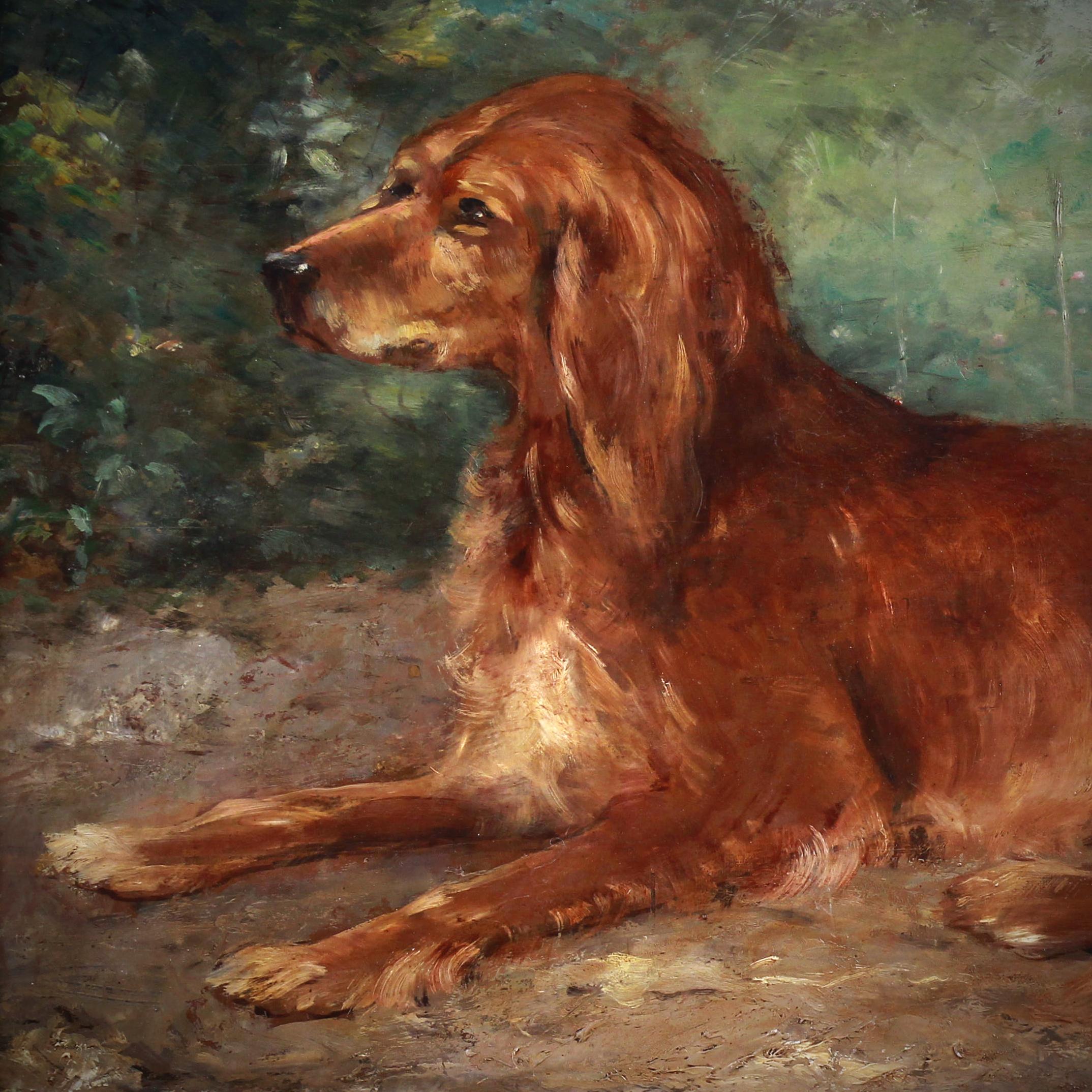 Ritratto di cane Setter irlandese, pittura a olio su tavola francese del 19° secolo - Painting Scuola francese di Eugène Ferdinand PARISY