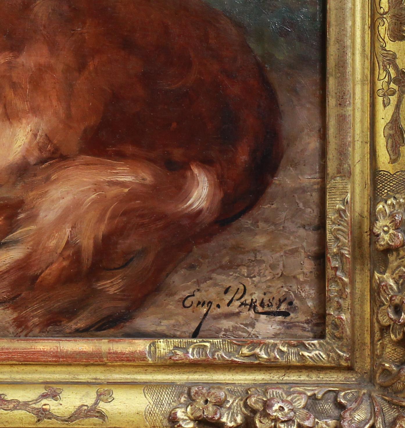 Ritratto di cane Setter irlandese, pittura a olio su tavola francese del 19° secolo - Animal Painting Marrone di Eugène Ferdinand PARISY