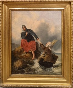 French Painting Realist School Circle of FEYEN Shrimp Fisherwomen 19th